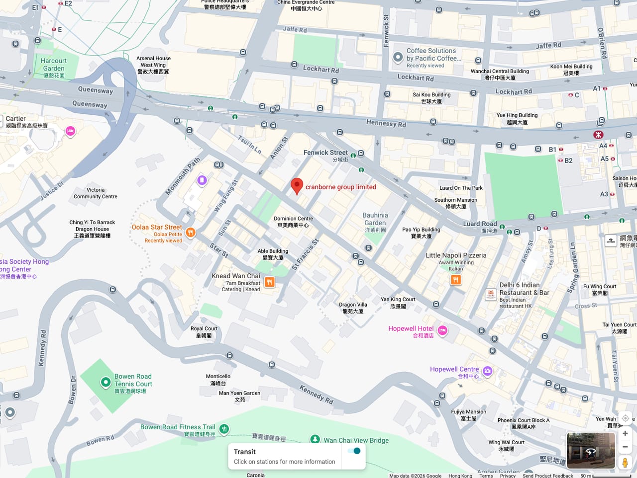 Map showing Cranborne's office in Wan Chai, Hong Kong